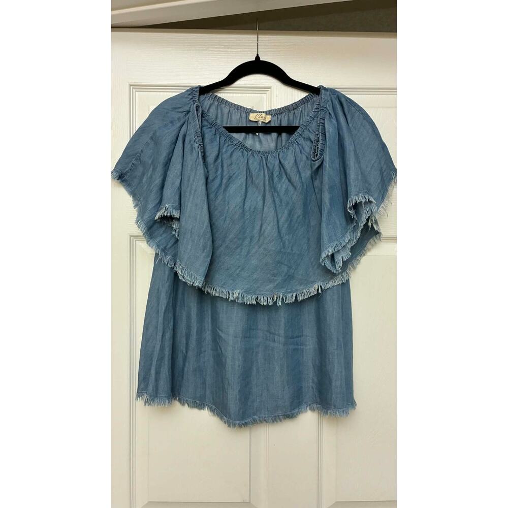 Elan M Chambray‎ Off Shoulder Top Boho Peasant Frayed Hem Blue